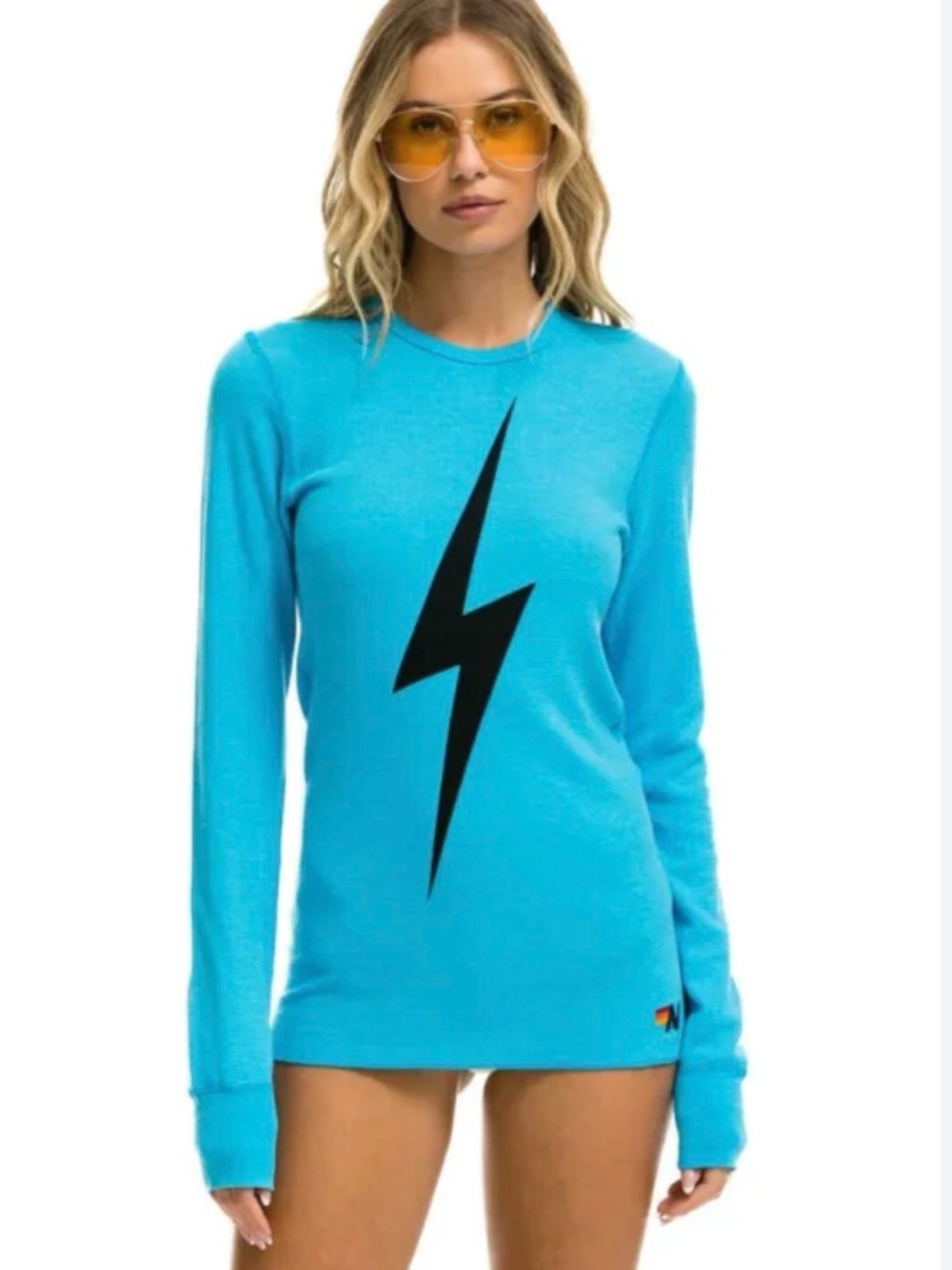 Aviator Nation Lightning Bolt Thermal Top Blue Long Sleeve S